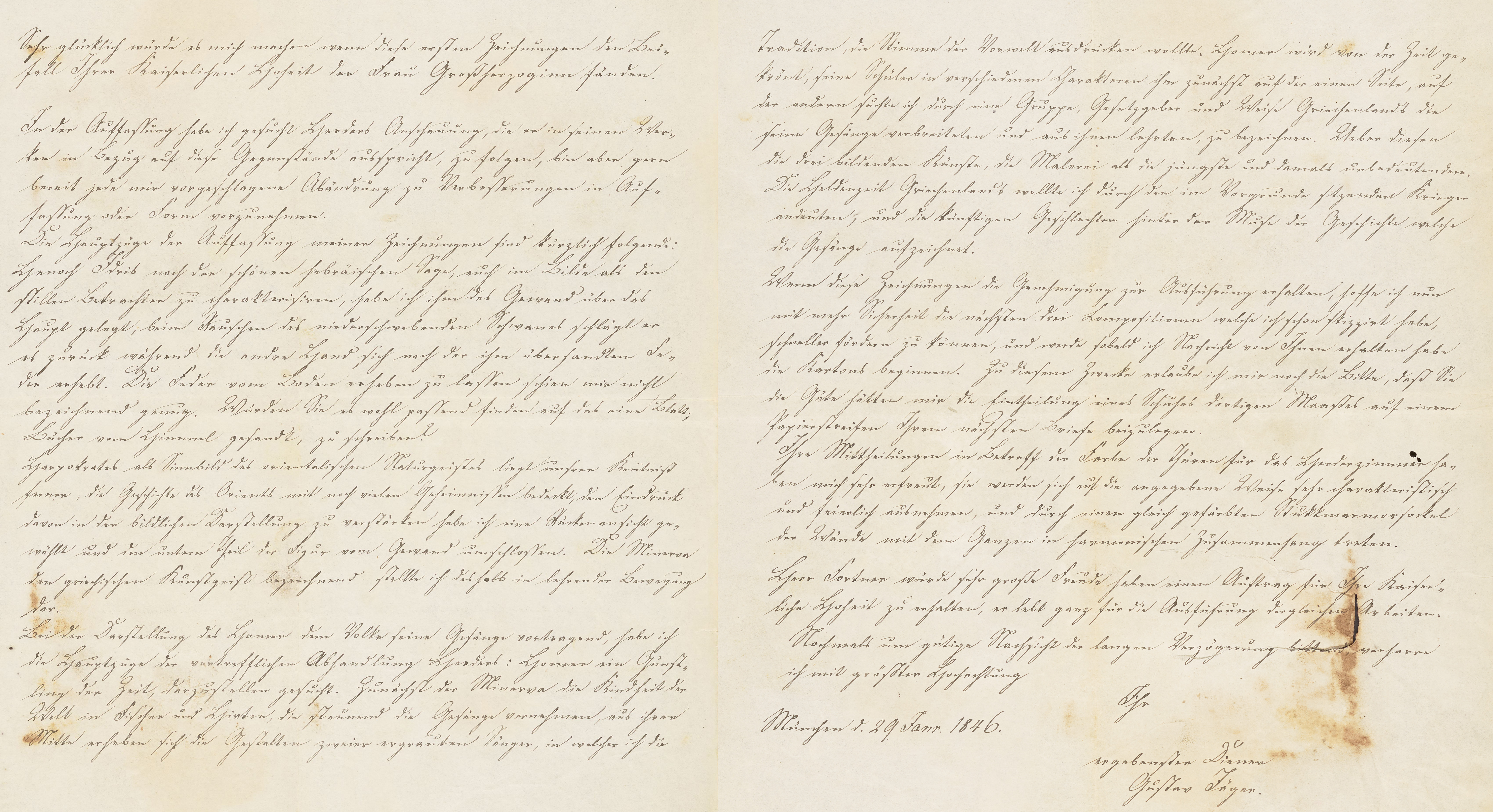 *Detail eines Briefs von Gustav Jäger an Adolf Schöll vom 29. Januar 1846, darin Beschreibung seines Entwurfs zum „Homer“-Wandbild*
© Klassik Stiftung Weimar, GSA